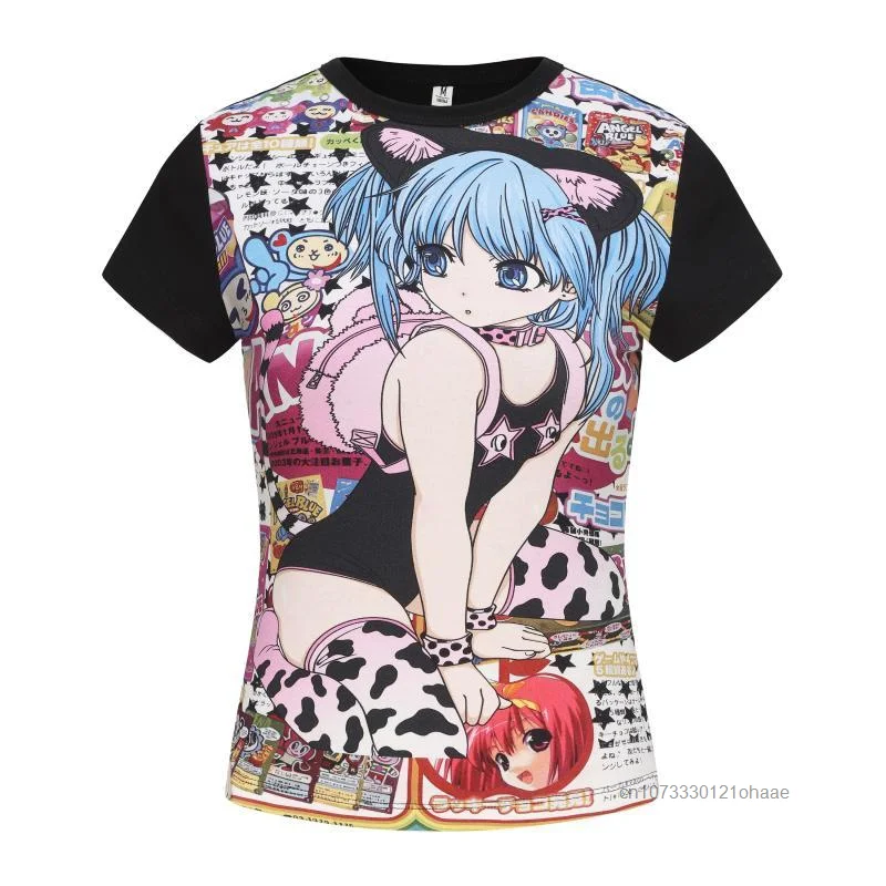 Anime Printed Summer New Fashion T-shirt Dopamine Japanese Style Slim Fit Design Tees Sweet Spicy Y2K Girl Gothic Versatile Top