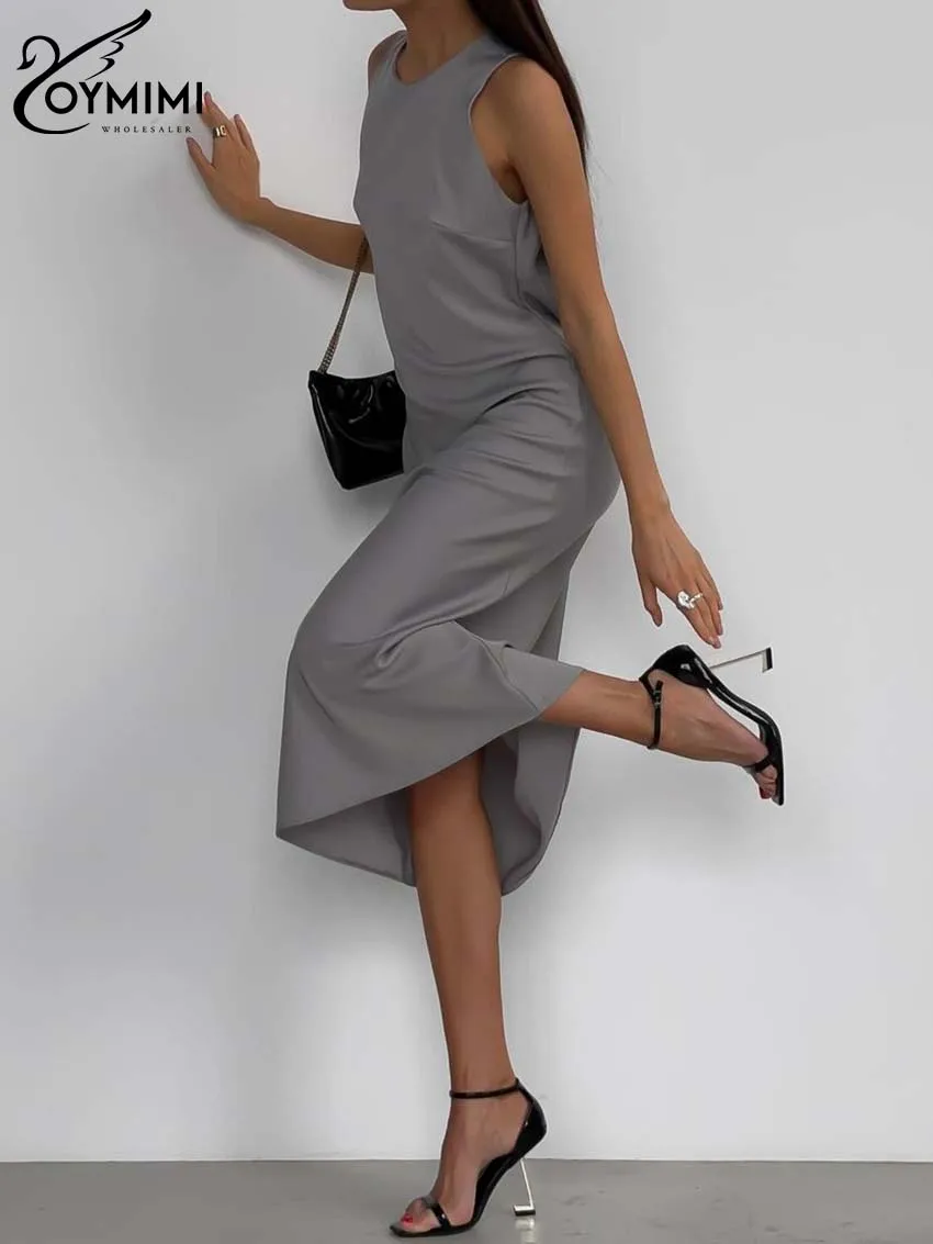 Oymimi Casual Grey O-Neck Womens Dresses Elegant Sleeveless Slim Simple Dresses Autumn New Straight Mid-Calf Dress Streetwear