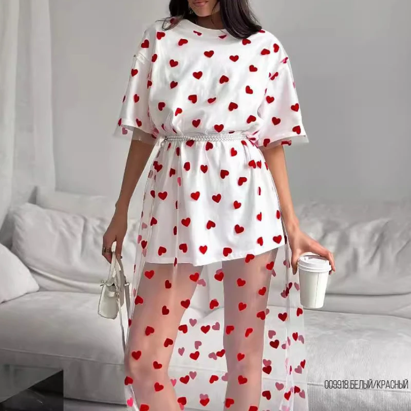 女性用ラウンドネックTシャツ,ルーズドレス,ガーゼステッチ,ロングTシャツスカート,カジュアル,怠惰な風,愛,夏,新品