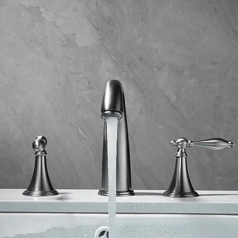 Immagine 4: Tuqiu Rubinetto per lavabo Ottone Grigio Rubinetto per bagno diffuso Rubinetti per lavabo antichi Rubinetto per lavabo a 3 fori Rubinetto per acqua calda e fredda