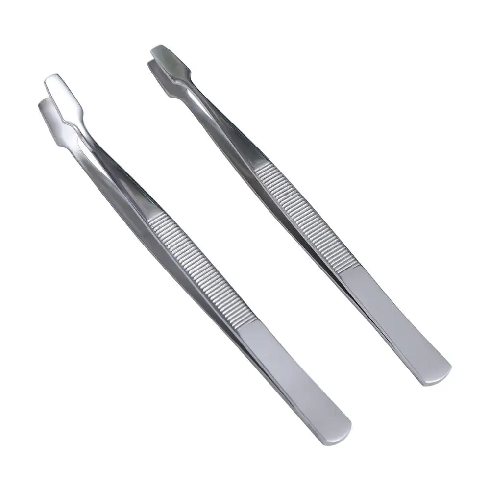 Pince à cils à bouche plate en acier inoxydable, pince à sourcils professionnelle droite/coude, Extension de cils de beauté