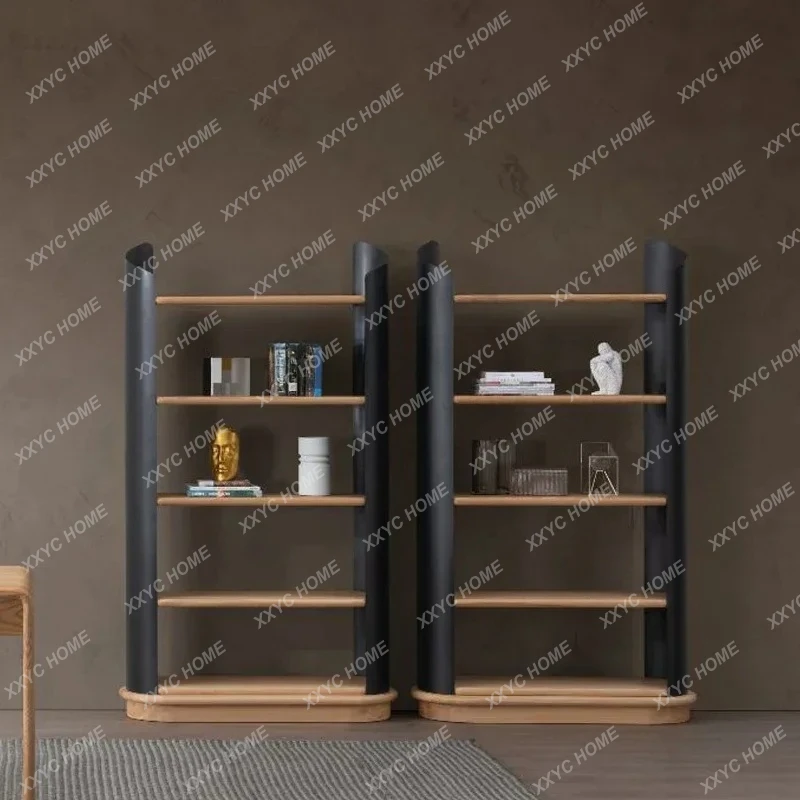 TT53Italian Light Luxury Solid Wood Bookshelf Floor-to-ceiling Multi-layer Oak Bogu Storage Simple Stainless Steel Bookcase