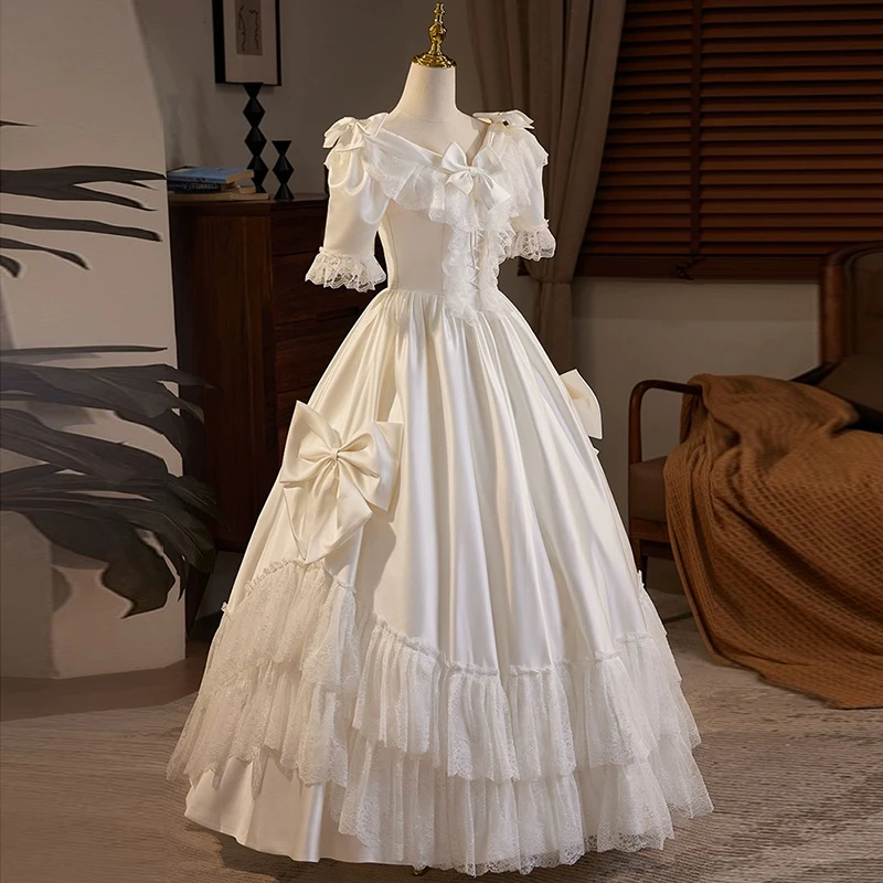 AnXin SH french retro princess white satin v neck ruffles flower lace puff sleeve big bow ball gown customized evening dress image 4