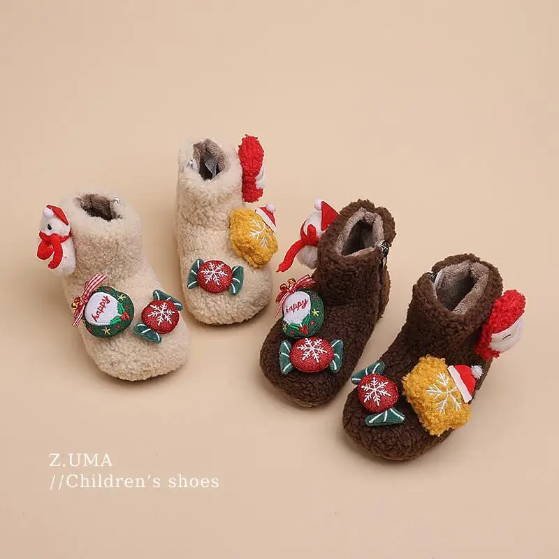 

Kawaii повседневная обувь, детская обувь, зимние теплые хлопковые ботинки на флисовой подкладке для мальчиков и девочек, нескользящая рождественская обувь на мягкой подошве