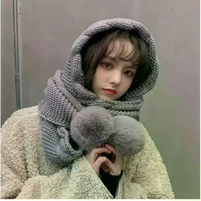 سميكة محبوك قبعة صوفية مقنعين وشاح قبعة حماية الأذن قبعات دافئة قبعة الشتاء ووشاح كومبو للنساء