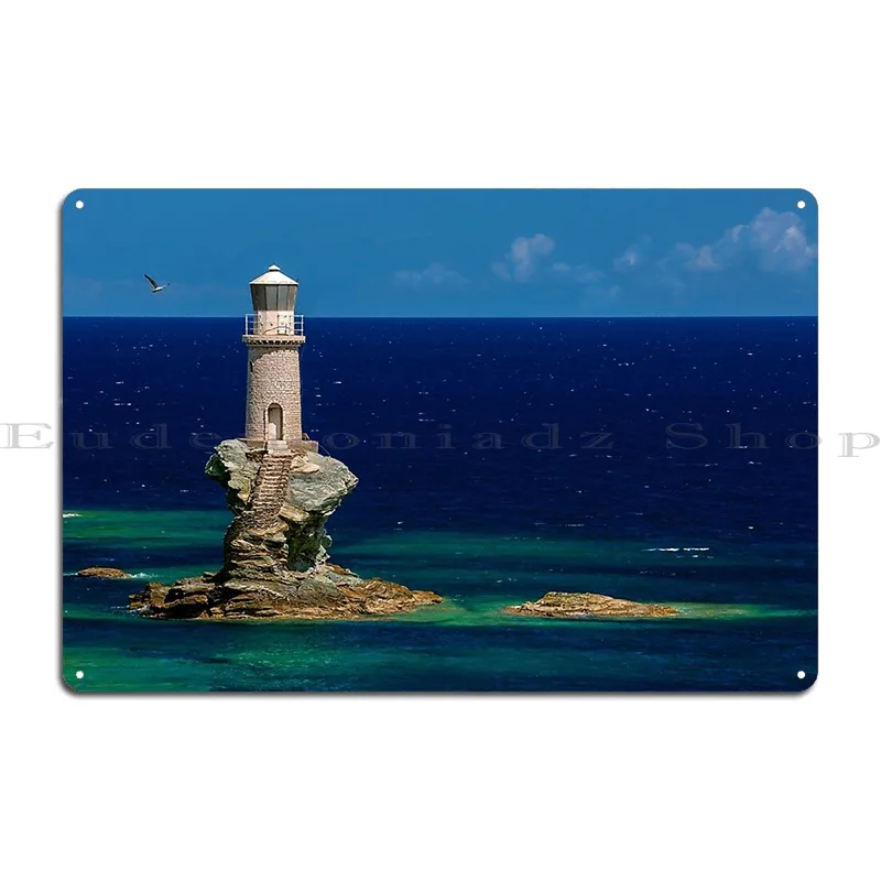 Lighthouse Tourlitis In Andros And A Seagull Metal Sign Club Bar Printed Living Room Wall Custom Tin Sign Poster