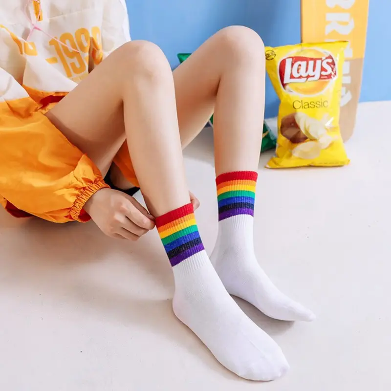 Socks Womens Medium Tube Autumn Ins Trendy Thin Ttriped Rainbow Socks Japanese Cute Candy Color High Top Stocking