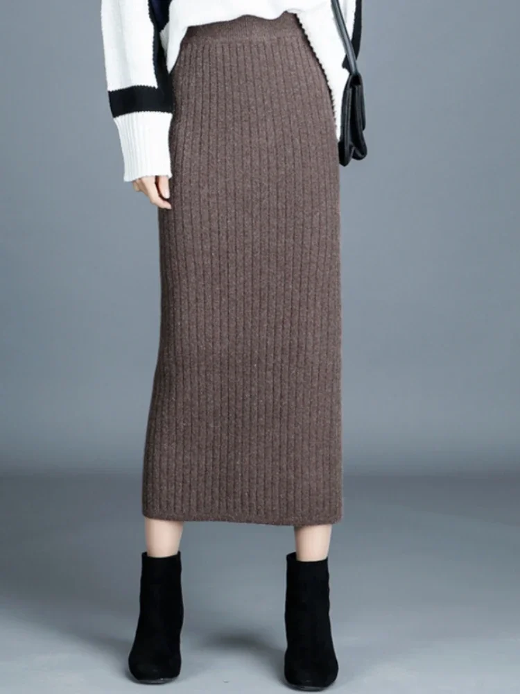 Woman Knitted Maxi Skirts Female Vintage Elegant Office Pleated Skirt Office Ladies Long Casual Warm Elastic All-match Skirt G45