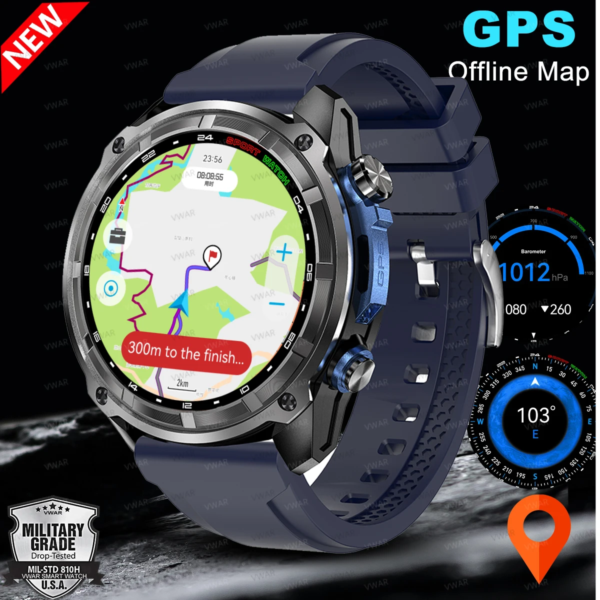 

Смарт-часы VWAR Offline Maps, встроенные двухдиапазонные GPS, компас GNSS, 4 ГБ, видеоплеер, тактические мужские умные часы, 860 мАч