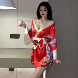 Sexy V Neck  Summer Woman Pajamas Bowknot Japanese Kimono Yukata Bathing Robe Home Sleep Wear Lace Up Night Gown Housewear