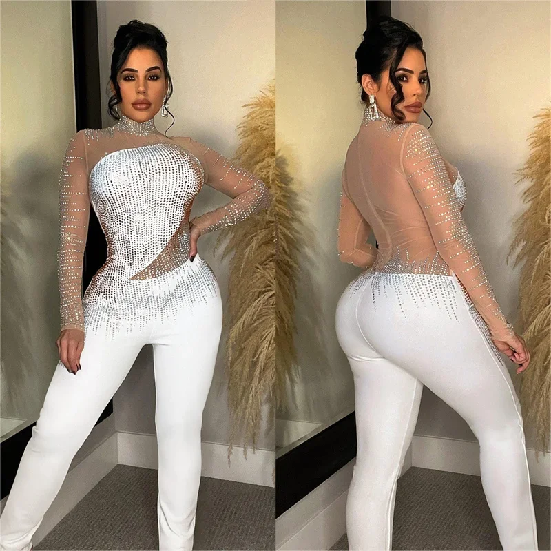 Autumn Long Sleeve Turtleneck Women Rhinestone See Through Mesh Sexy Party Jumpsuit Diamonds Sparkly Night Club Rompers Black