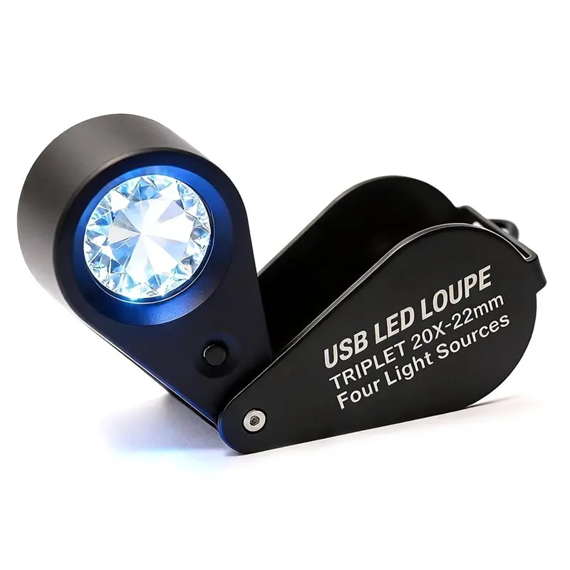 ABYN-Professional 20X Jewelers Loupe With Four Lighting Modes, 22Mm Magnifier Featuring Rechargeable UV LED Light Pocket