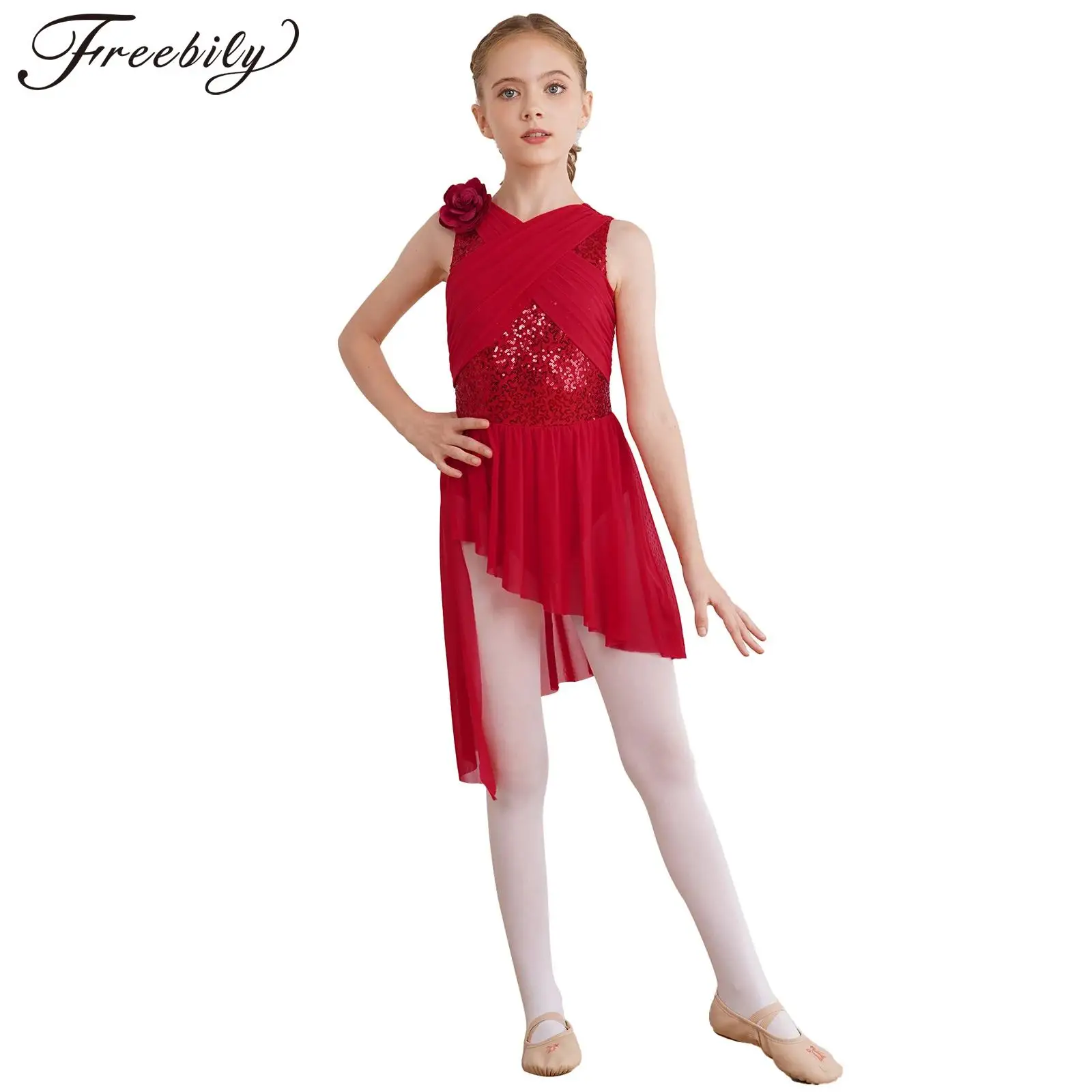 

Kids Shiny Rhinestone Figure Skating Dress for Girls Sheer Mesh Ice Skating Clothes Children's Gymnastics Leotard Ballet Dress