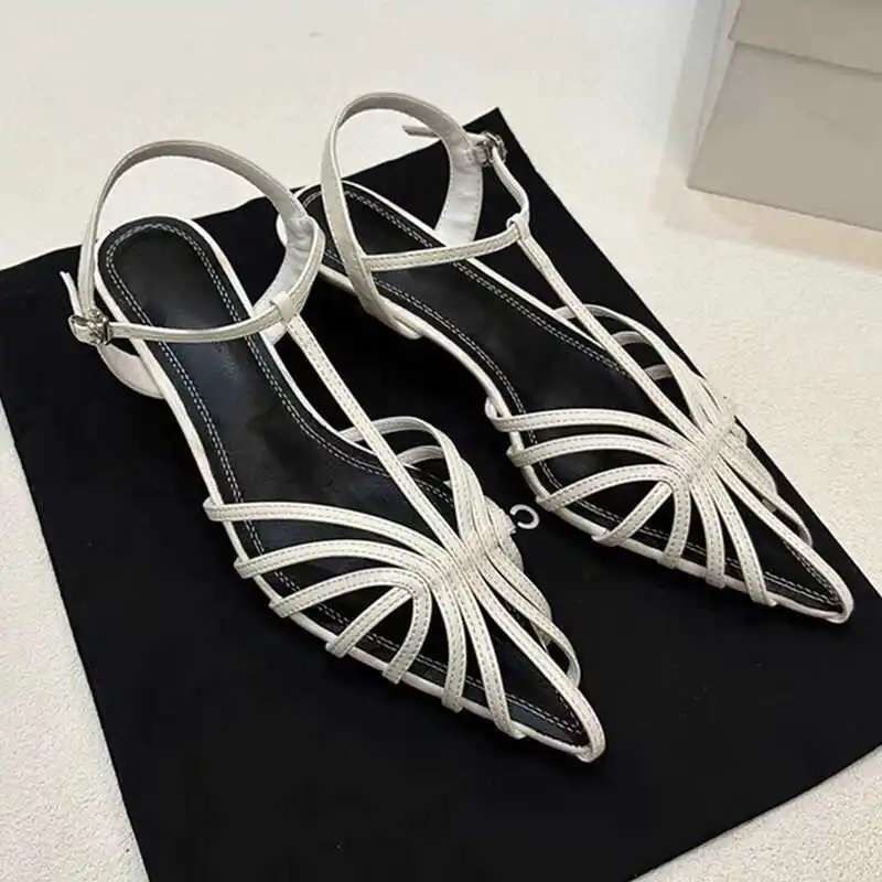 

White Buckle Strap Sandals Fashion Pointed Toe Slingback Women Shoes Summer Hollow Out Zapatos Mujer
