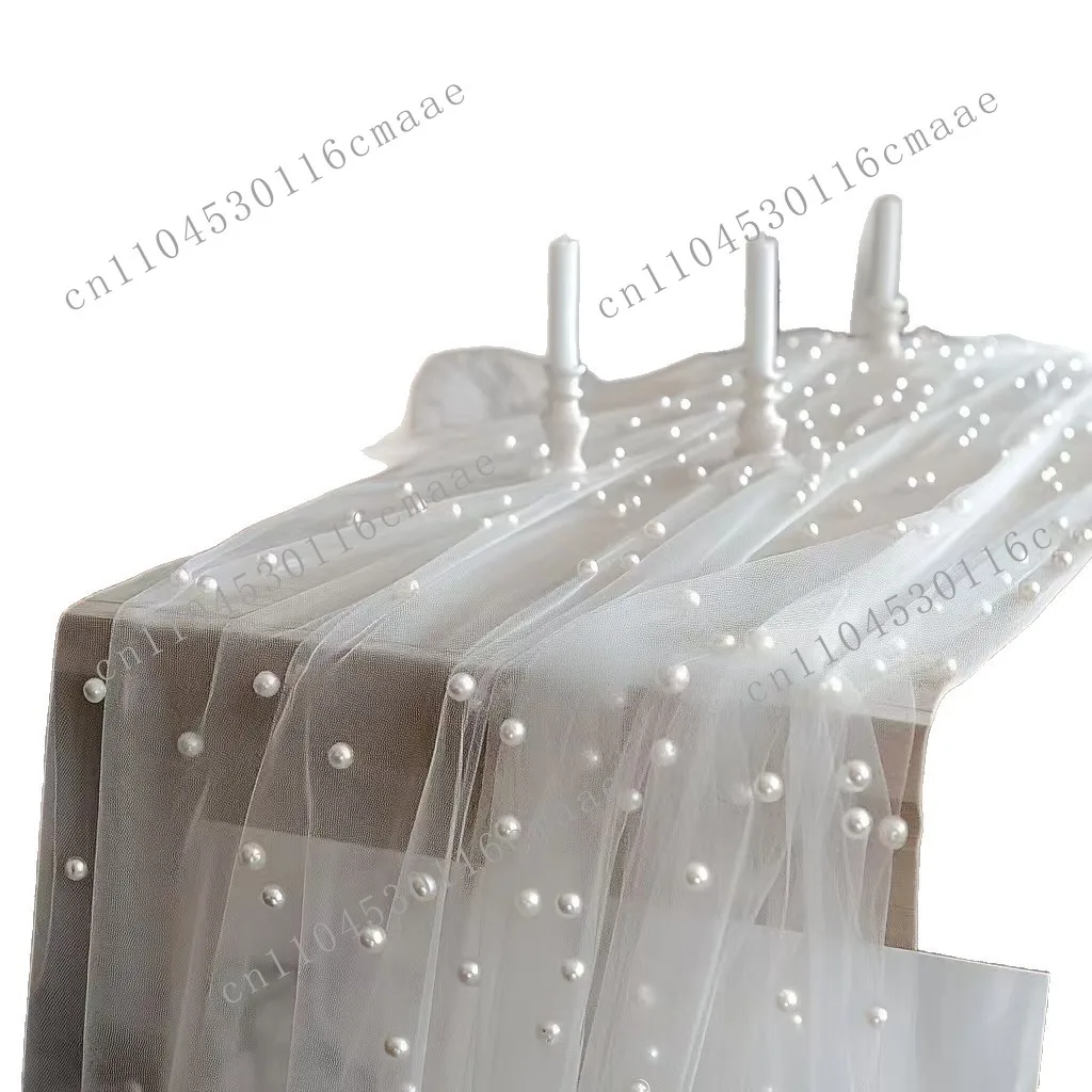 hair pearl tulle decorative table flag, bead mesh, gauze mantle wedding party tablecloth background decoration