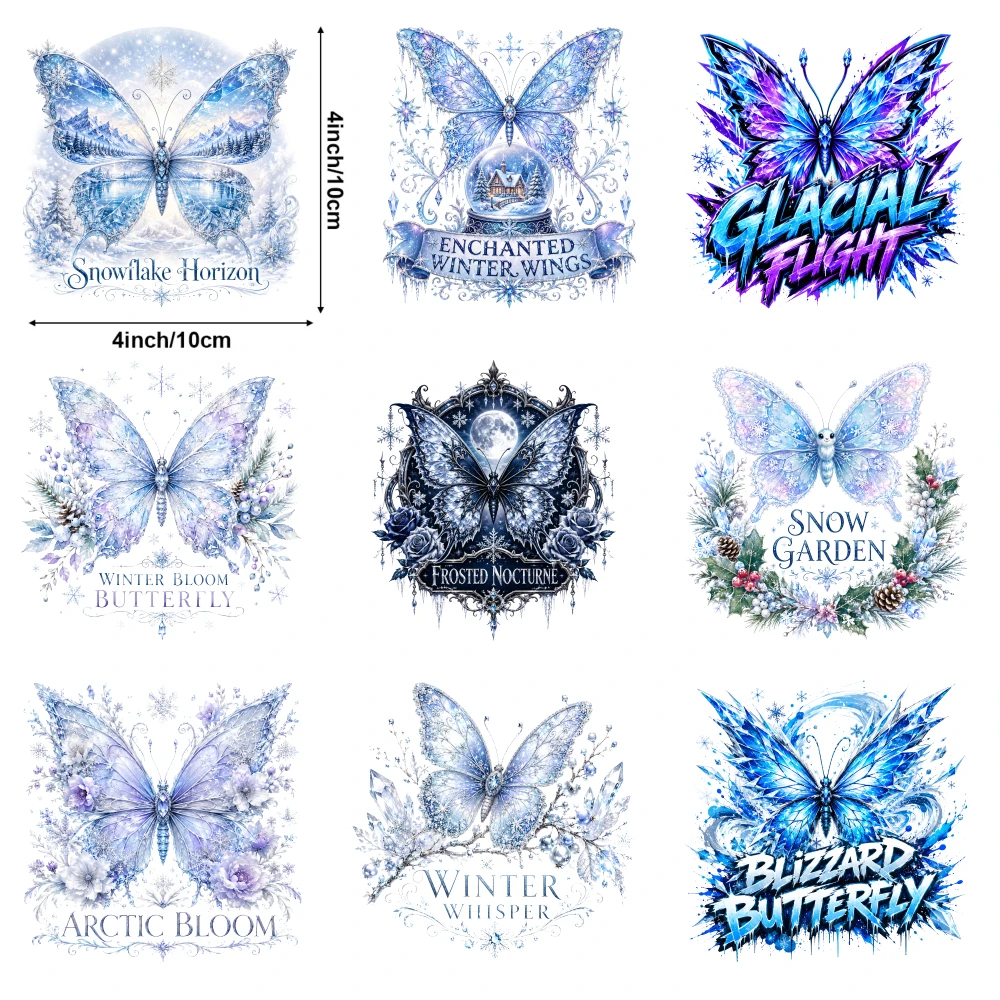 9 Pcs Winter Butterfly Iron on Transfers Hoodie DIY Crafts Washable heat transfer stickers casual style. iron on decals