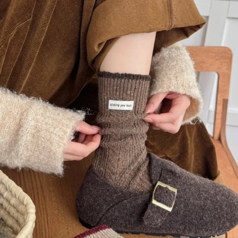 

6 Pairs Thick Warm Wool Socks Autumn Winter Mid Length School Socks for Girls Solid Color Thermal Socks Wholesale High Quality