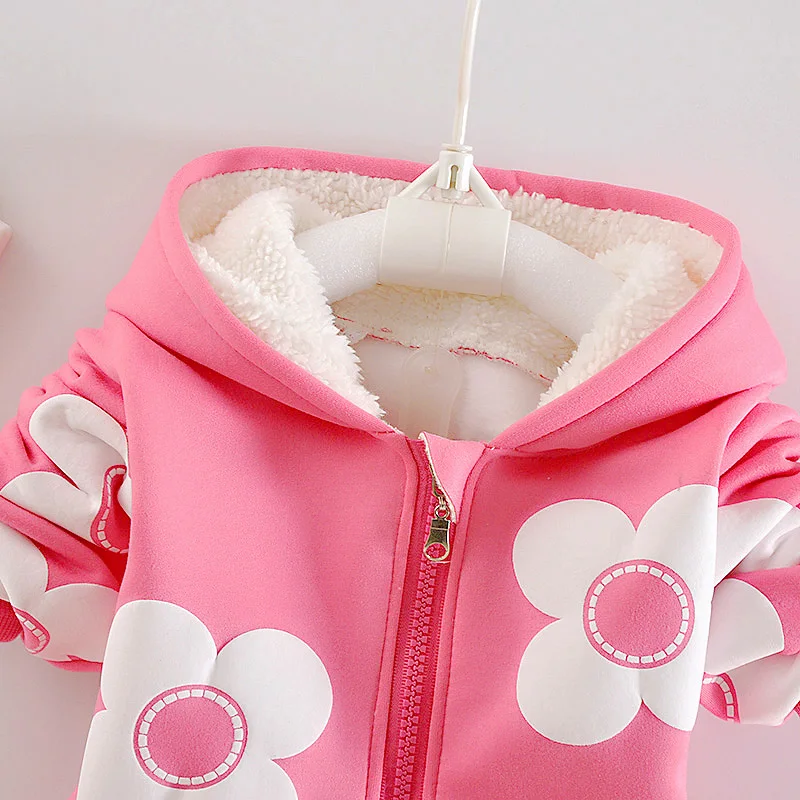 Kinder Mädchen Fleece-Gefütterter 3D-Gänseblümchen-Applikation Hoodie-Hosen-Anzug Kinder Warme Winterkleidung Set 80-120 – Detail 5
