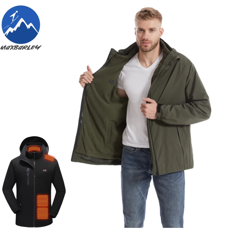 

Men Ski Heating Jacket USB Heated Parka Permeable Windproof Waterproof 3-in-1 Fleece Functional Lightweight Hunting Windbreaker