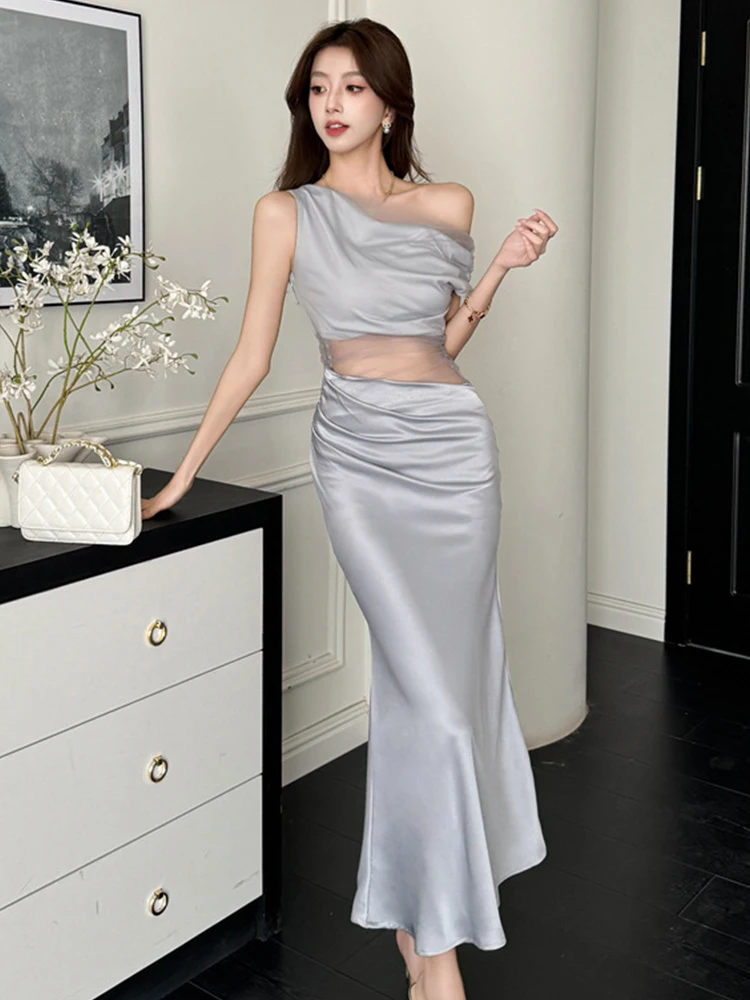 

Французское атласное макси-платье для женщин: летнее, элегантное, прозрачное, сексуальное, с открытыми плечами, облегающее, вечернее, для вечеринок и отпуска