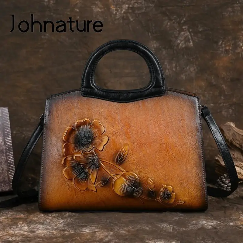 Johnature Luxury Handbag 2024 New Vintage Handmade Embossed Women Leather Bag Versatile Large Capacity Shoulder & Crossbody Bags