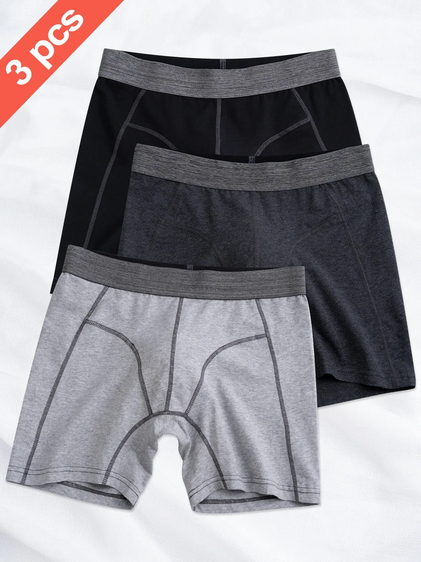 

3Pcs Cotton Underwear, Extended Length, Three-Color Floral Gray Waistband, Home Leisure Sports Men's Long Boxer Briefs