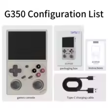 Lista de configuração do G350 mostrando o console cinza, caixa de embalagem, manual de instruções e cabo de carregamento Tipo-C.