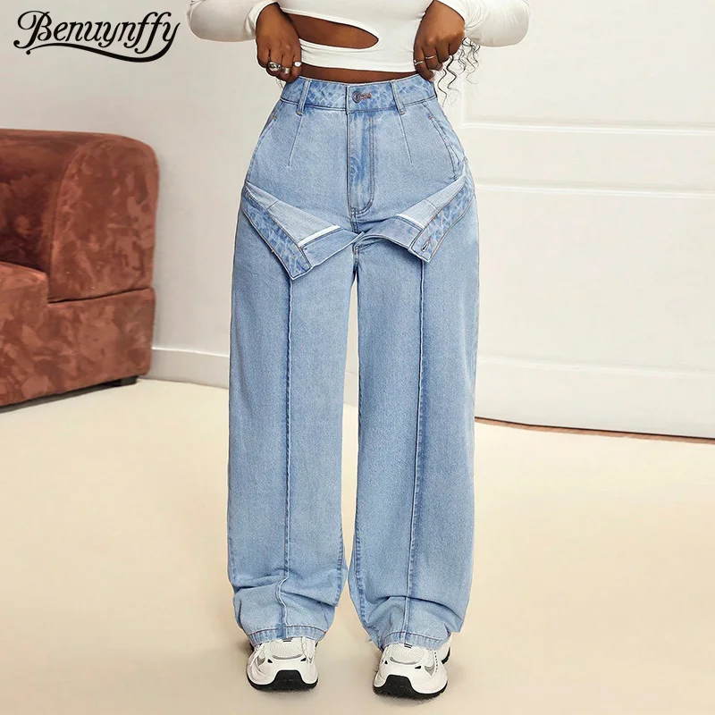 

Benuynffy женские свободные винтажные прямые джинсы Y2K модная уличная одежда с высокой талией женские широкие мешковатые джинсовые брюки джинсы