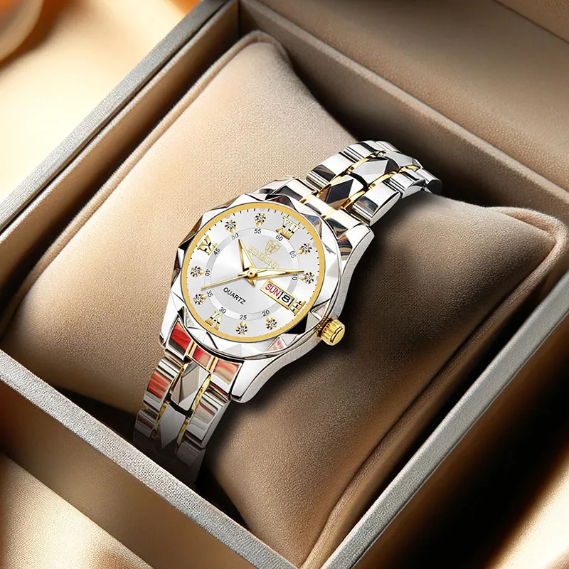 

A women's classic business-style watch with an eye-catching large calendar and quartz movement, featuring letter spacing design