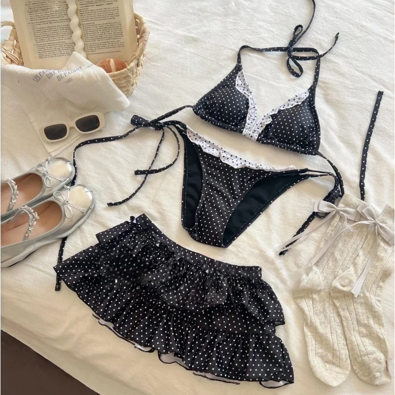 women Y2K White Lace Tankini Swimsuit Sexy Lace-up Black Bikinis Set with Ruffle Cake Skirt Beach Swimwear Vacation Bathing Suit