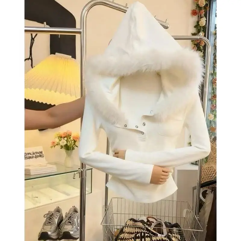 

Американский стиль, однотонный топ с меховым воротником в стиле ретро, толстовки с капюшоном E-Girl Y2k, женские летние винтажные шикарные облегающие толстовки с длинными рукавами 2026