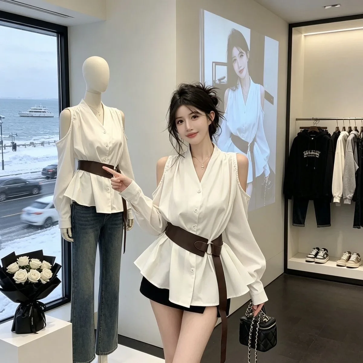 Sexy Shoulder Bared V-Neck Loose Waist Design Slimming Belted White Shirt Top Elegant Commute Style Long Sleeve  Color