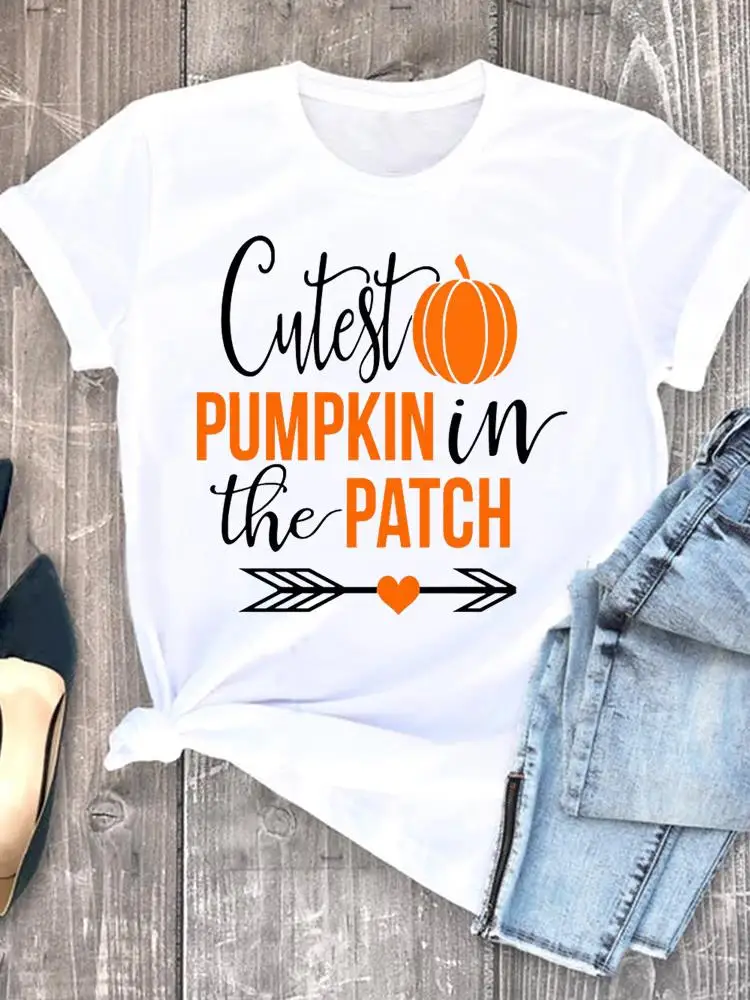 

Pumpkin Letter Trend Cute Halloween Thanksgiving Women Graphic Print Tee Ladies Clothing Lady Fall Autumn Style T T-shirts