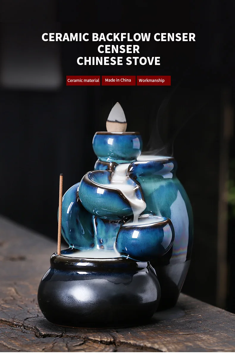 Ceramic Backflow Incense Burner with Waterfall Smoke, Creative Blue Home Decor Figurine, Zen Art for Living Room Office Gift