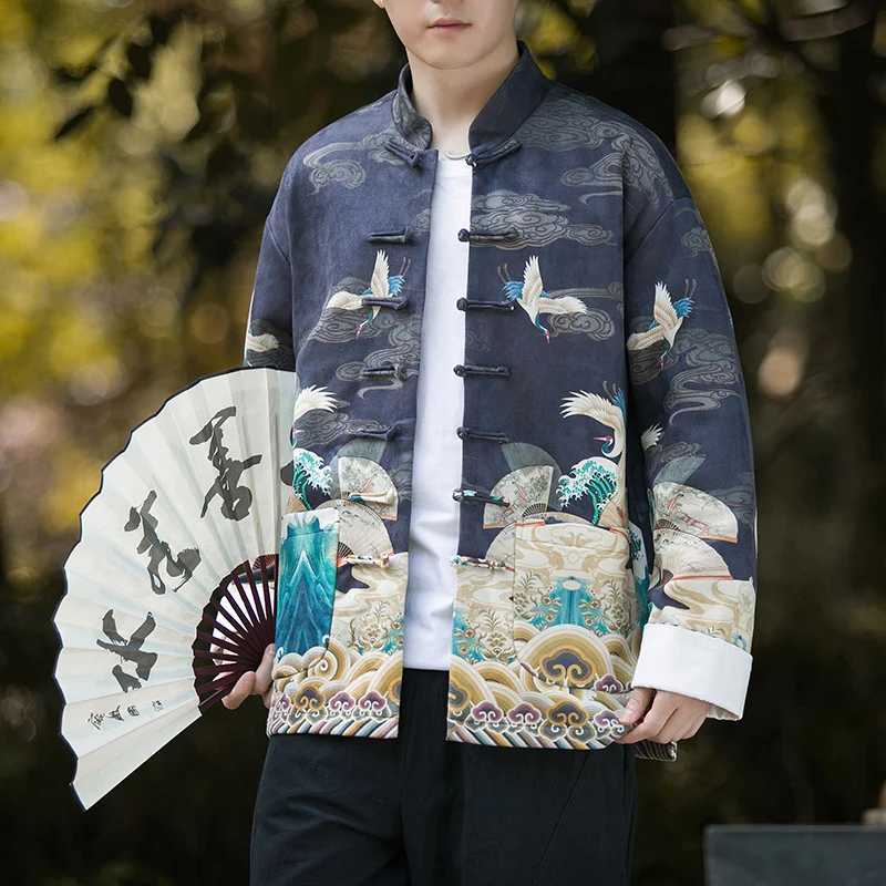 

Men's Suede Jaet Autumn Winter Faion Crane Print Collar Large Size Trendy Stand Collar Zhongan Coat Outerwear