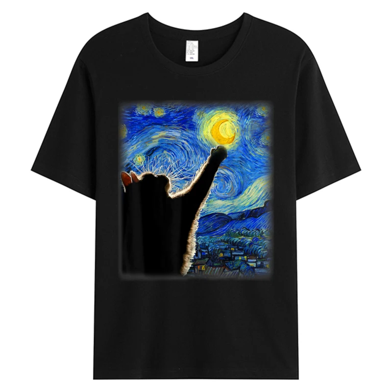 

Van Gogh Starry Night Cat T-shirts Men's Cotton Fabric Print Tshirts 5XL T-shirt Classic Cat Lover/Mom/Dad Gift Crew Neck Tees