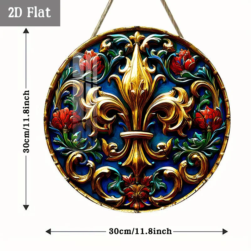 2D Flat, 1pc Royal Fleur Gothic Scroll Woodblock Wall Decor - Round Frameless Panel with Regal Fleur Suitable for Home, Cafe, Di