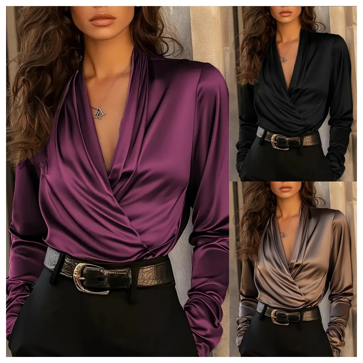 2026 Elegant V-Neck Spliced Blouse Spring Autumn Slim Long Sleeve Women's Clothing Solid Color Fashion Bright Silk Shirt