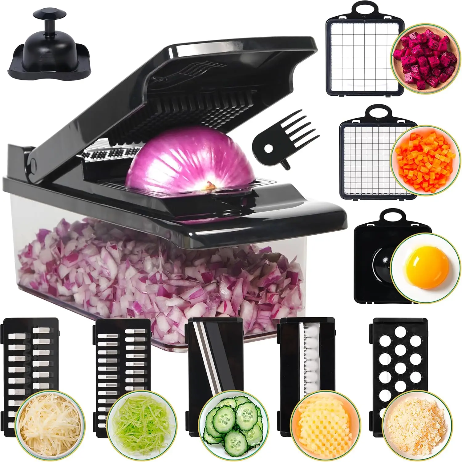 

Многофункциональный измельчитель овощей с контейнером, сменные лезвия для нарезки лука, измельчения чеснока, нарезки картофеля кубиками