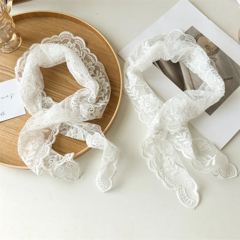 

Floral Lace Hair Scarf Wraps White Woven Women Retro Triangle Headscarf Hat Travel Photo Headband Hair Accessories Turban INS
