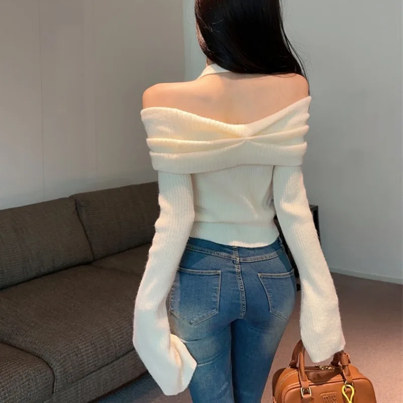 Women Knitted Pullovers Autumn New Slash Neck Solid Slim Off Shoulder Y2k Clothing Long Sleeve Sweater Hotsweet Cropped Tops Ins