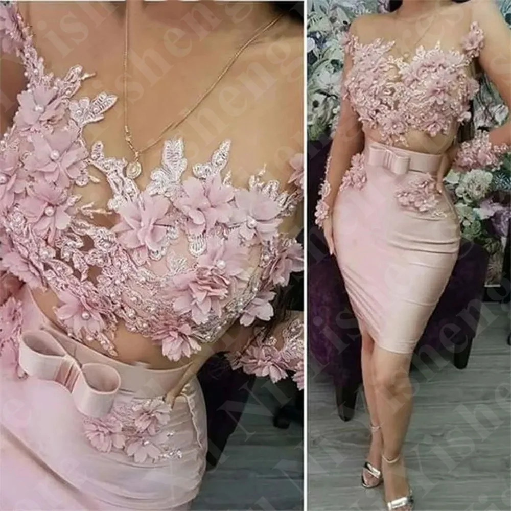 Vestidos de baile curtos sexy para mulheres, ilusão rosa, mangas compridas, pescoço puro, apliques de flores, apliques estéreo, vestido de noite para festa