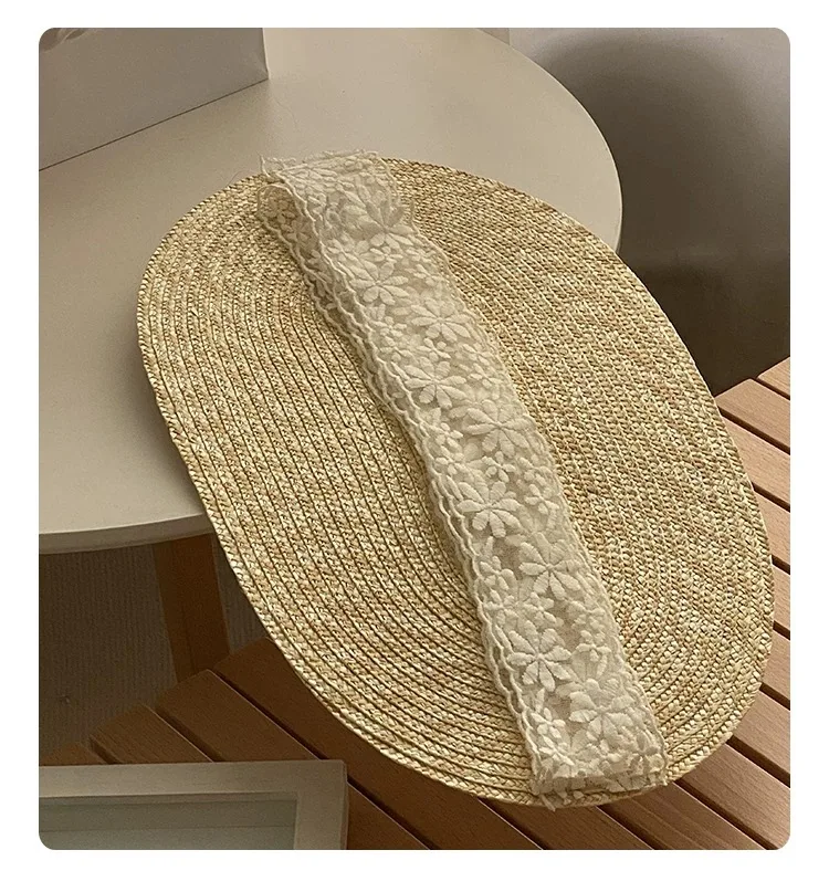 New One Piece French Elegant Strap Natural Straw Fadora Hat For Woman Summer Vintage Photo Runway Vacation Hat With Black Ribbon