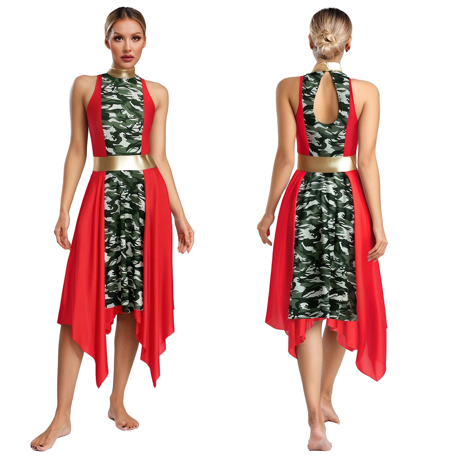 

Women Lyrical Dance Dress Worship Praise Dress Sleeve Back Hollow Out Print Patchwork Irregular Dress Golden Waistband Decorated