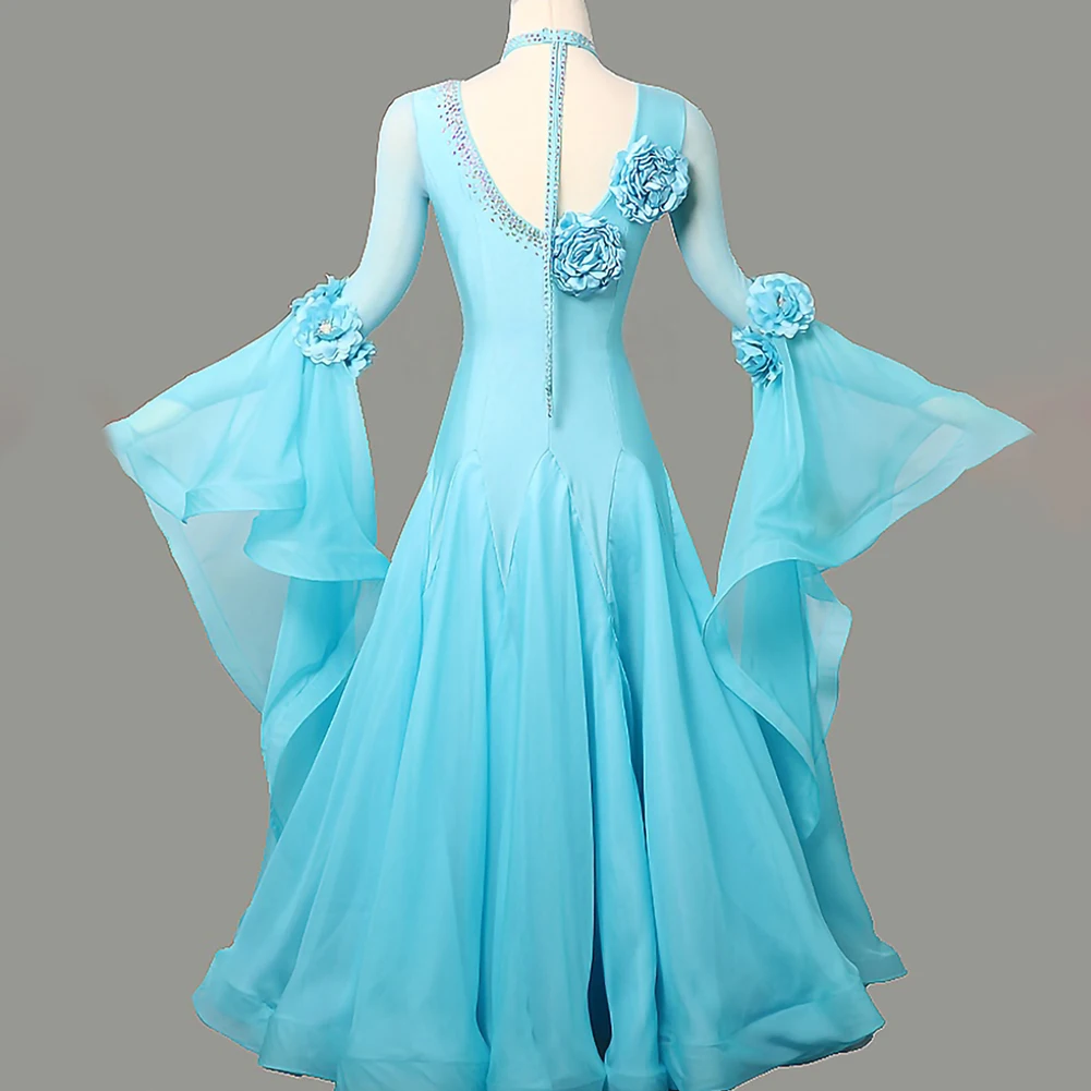 High-End-Party-Gesellschaftstanzkleid mit langen Ärmeln, Damenbekleidung, Strass, Flamenco, eleganter rosa Übungsanzug mit Rundhalsausschnitt