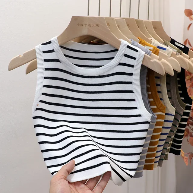 Letnie wiosenne podkoszulki w paski damskie bez rękawów dzianinowe t-shirty krótkie bluzki kobiece elastyczne wąskie kamizelki na co dzień pulowerowe koszulki