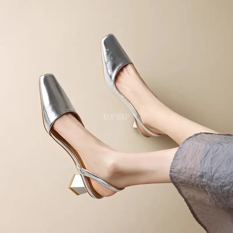 Summer Women Genuine Leather Pumps Square Toe Chunky Mid Heels Concise Ladies Fashion Career Shoes Silver Gold Shoes for Women