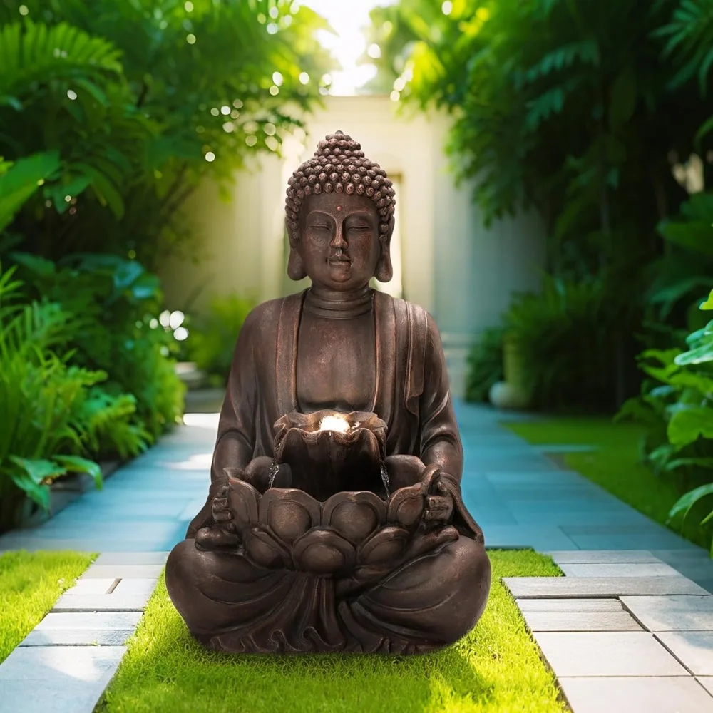 

Уличный фонтан 28 дюймов H, большие фонтанчики с водопадом Будды в стиле дзен, внутренний фонтан с насосом и светодиодной подсветкой, отдельно стоящий W