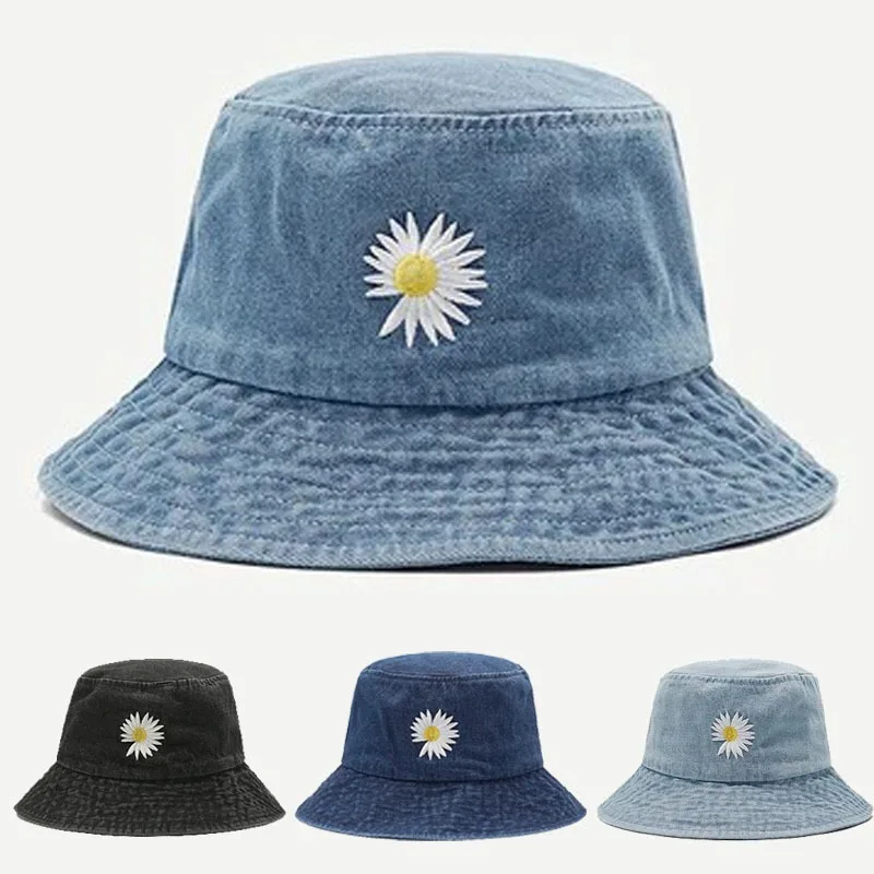Korean New INS Daisy Embroidery Bucket Hats Women Men Panama  Summer Sun Hat Fashion Flower Bob Washed Denim Basin Cap Wholesale