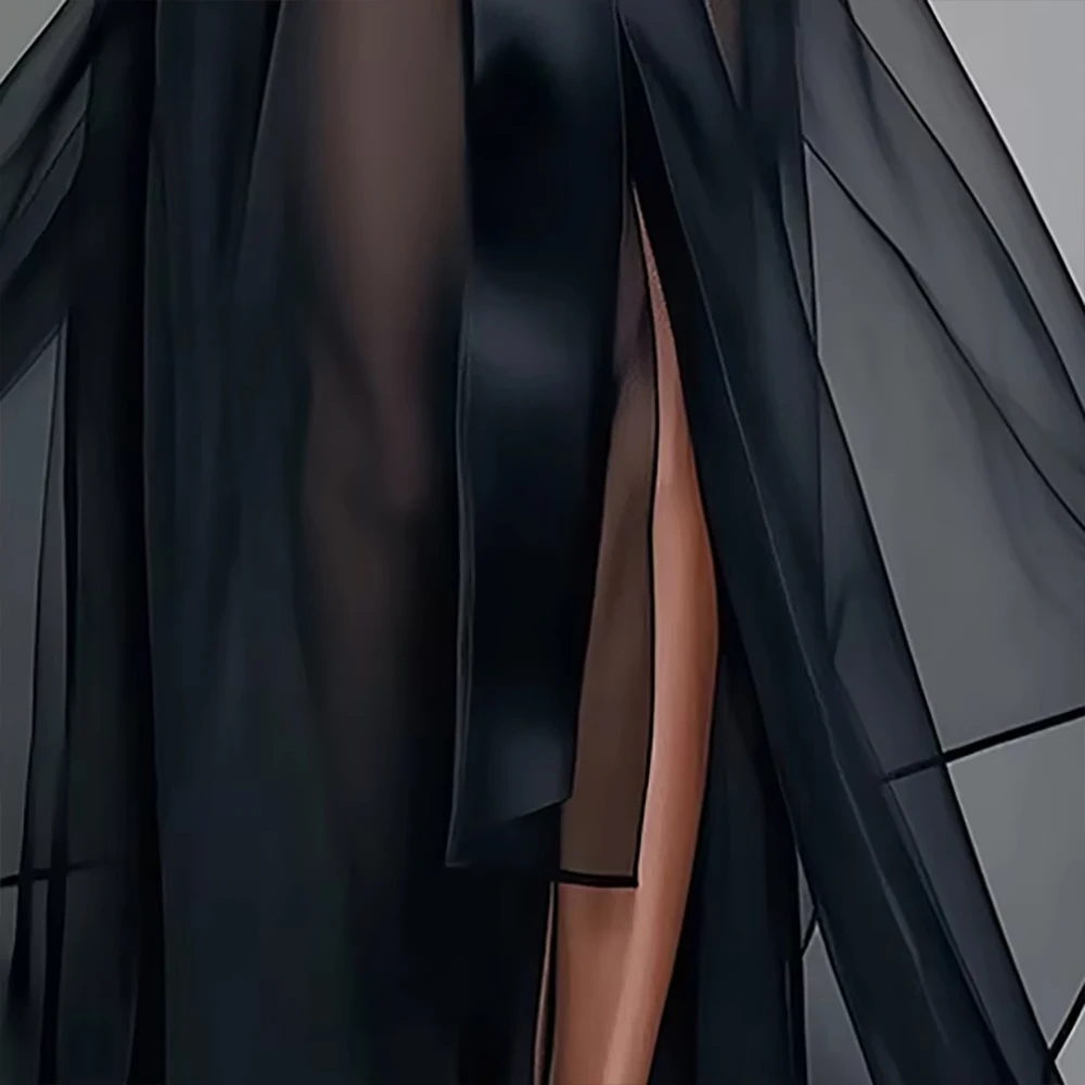 

Women Sexy Organza See-Through Fashion Dress Black Lace Up Long Sleeve Mesh Sheer Autumn Maxi Robe High Split Hem Party Dresses